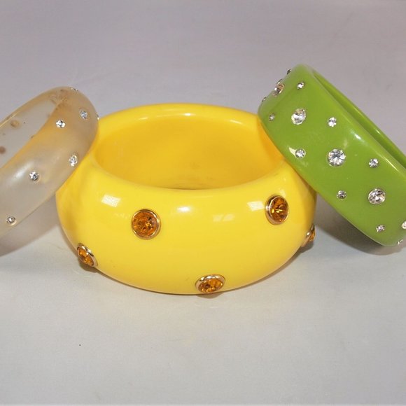 Yellow X-Wide Vintage Acrylic Bangle with Rhinestone Accents - Picture 2 of 5